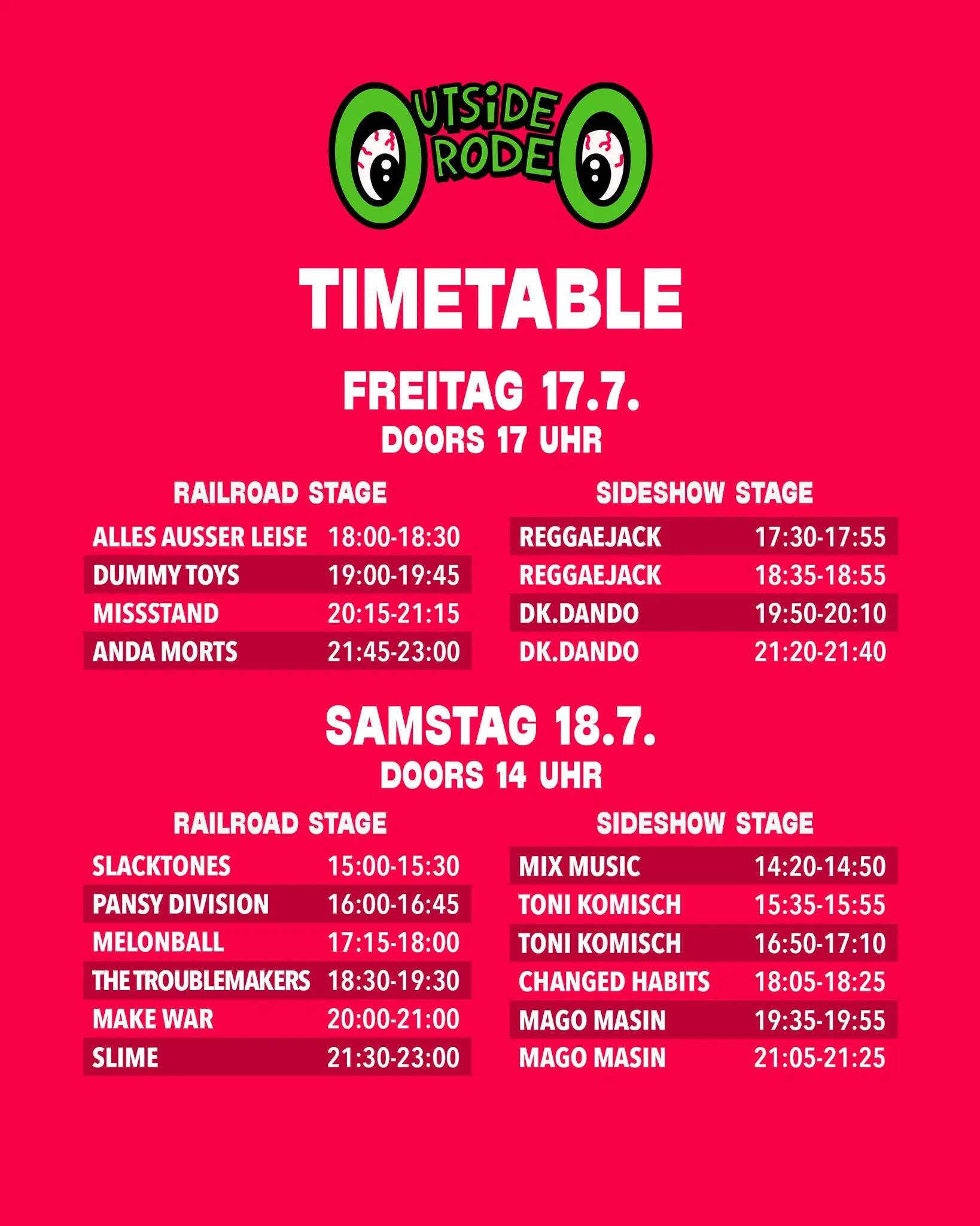 Outside Rodeo 2026 Timetable und Running Order für Freitag und Samstag